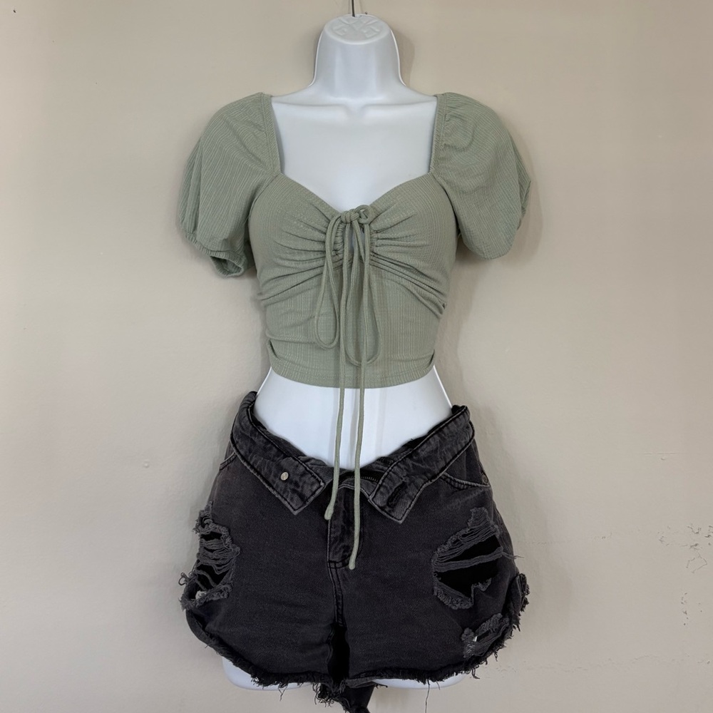 Sage Green Cottagecore Puff Sleeve Ruched Crop Top Size S